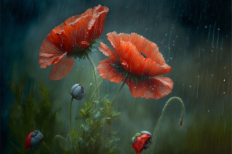 red poppies in the rain