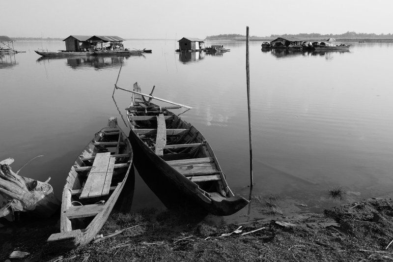 река, меконг, азия, лодка, поселение, камбоджа, чб, На Меконгеphoto preview