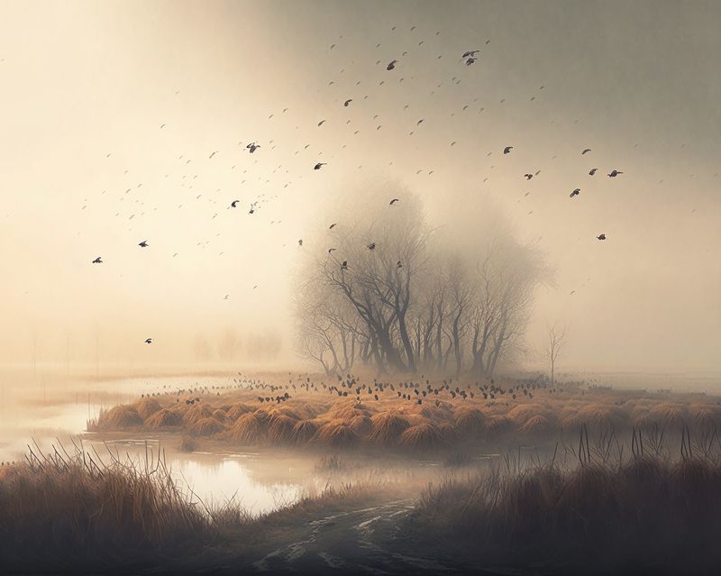 landscape in fog with birds