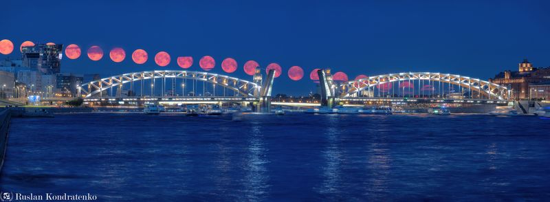 Панорама секвенции с Луной и Большеохтинским мостом
