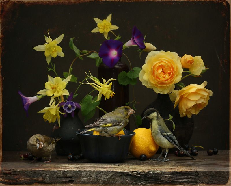 Натюрморт с лимонами и розами