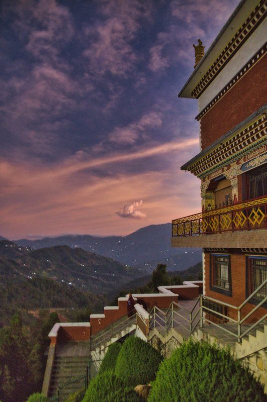Sunset above valley Buddhist monastery Nepal in the Himalaya mountains