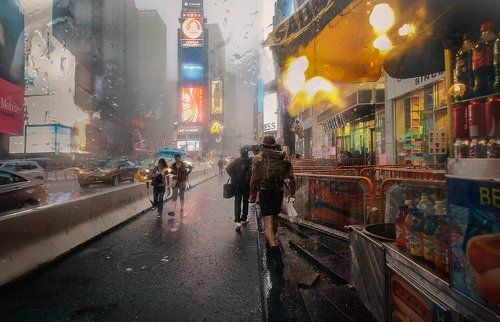 Дождь на Таймс-сквер.