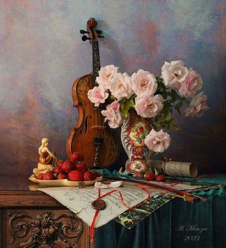 Натюрморт со скрипкой и розами