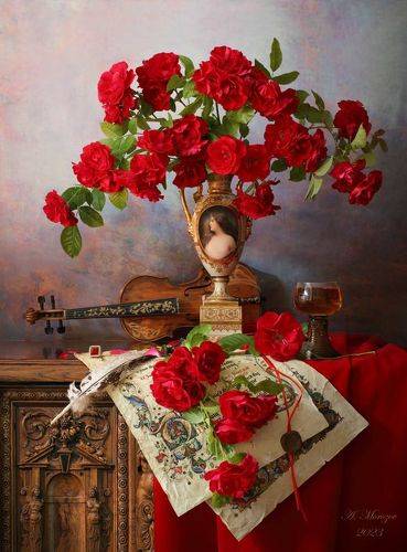 Натюрморт со скрипкой и красными розами