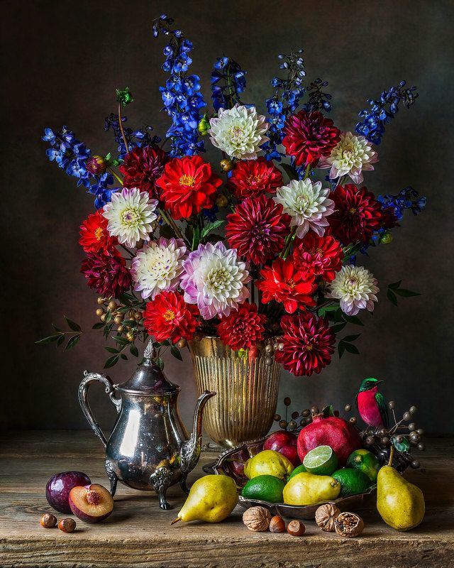 Still Life with Dahlias and Delphiniums
