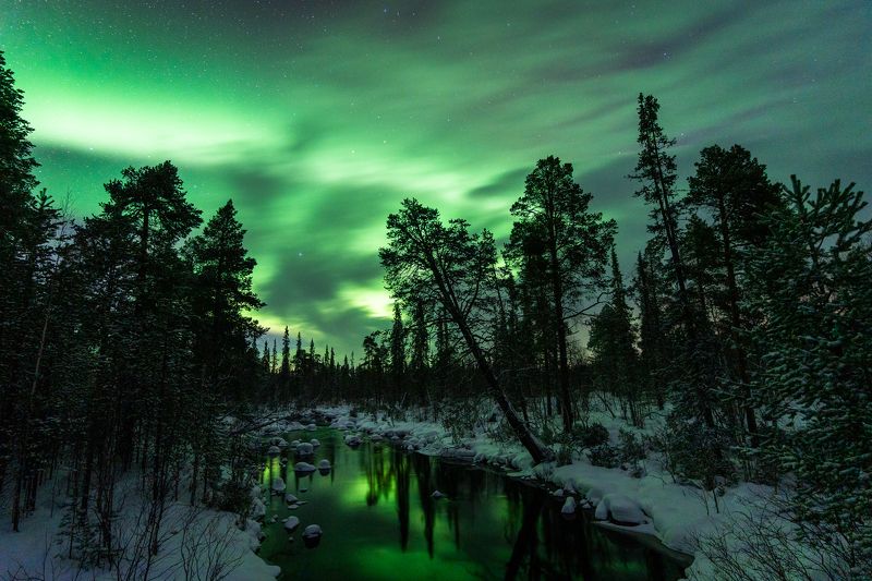 Northern lights above winter river