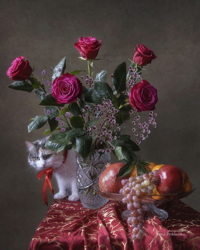 Натюрморт с цветами, фруктами и  любопытной кошкой