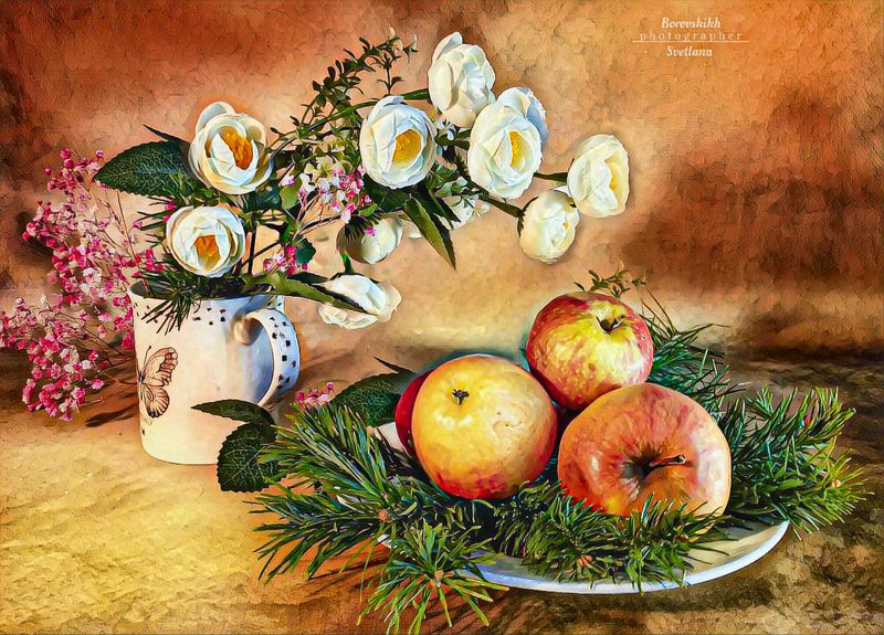 Натюрморт с цветами и яблоками