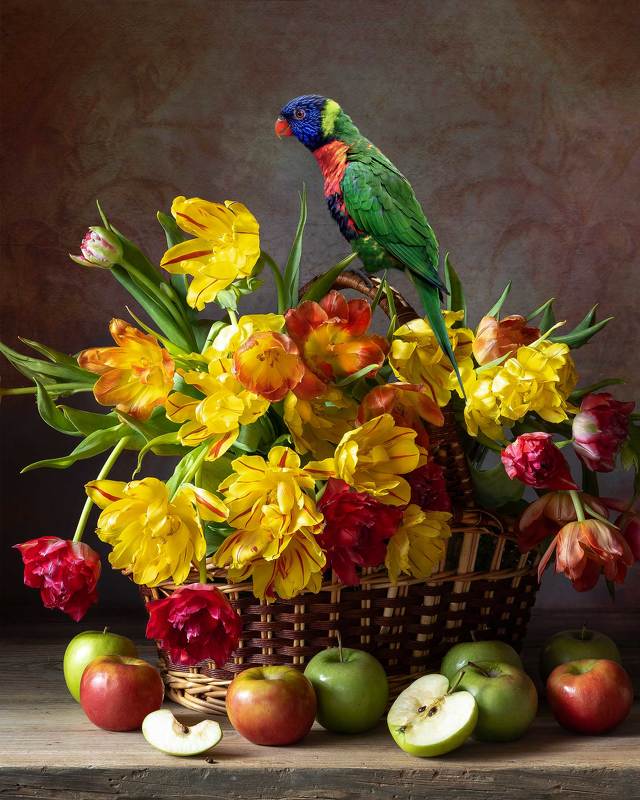 Basket of Tulips with a Parrot
