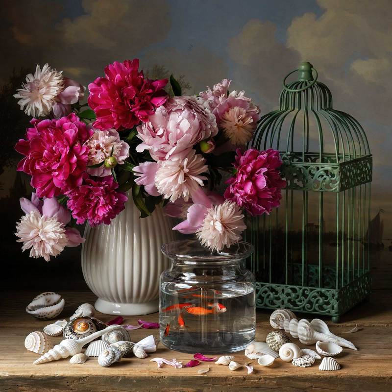 Still Life with Peonies and Goldfish