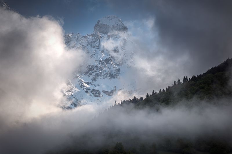Ushba Mountain In Clouds