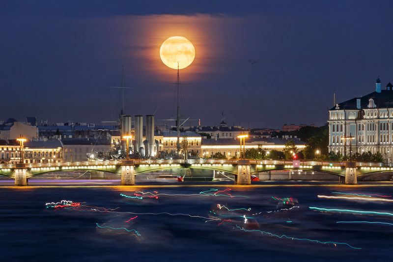 Проход полной луны над Сампсониевским мостом