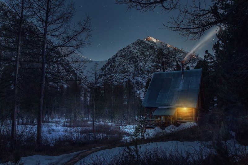 best, house, landscape, mountains, photo, smoke, stars * * *photo preview