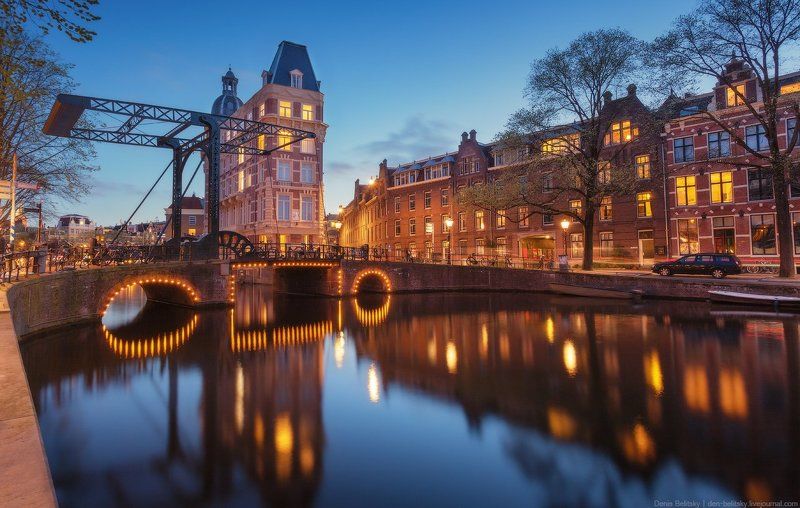 амстердам, голландия, нидерланды, пейзаж, город, дома, вода, канал, река, улица, отражение, сумерки, ночь Ночной Амстердамphoto preview