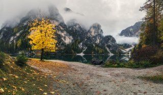 Италия. Доломиты. Пасмурное утро на озере Braies