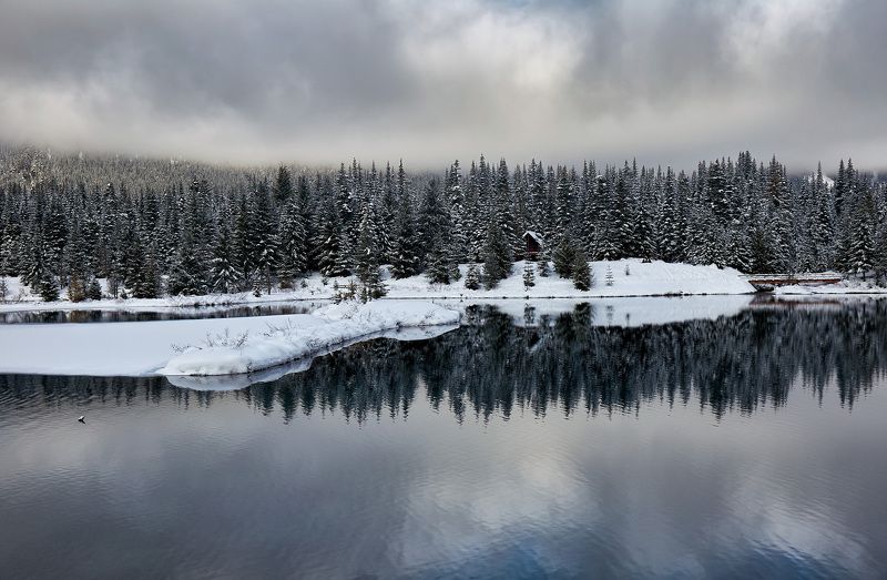 зима, озеро, отражение, снег, белый, пейзаж, лес, деревья Зимние отраженияphoto preview