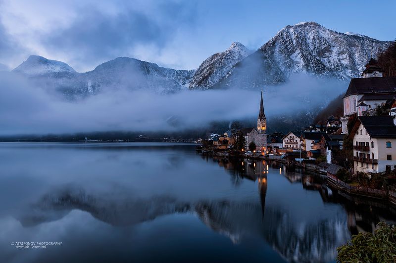 Hallstatt, Austria, village, fog, dreams, lake, alps, mountain, winter, church, lights, travel Деревня мечтыphoto preview