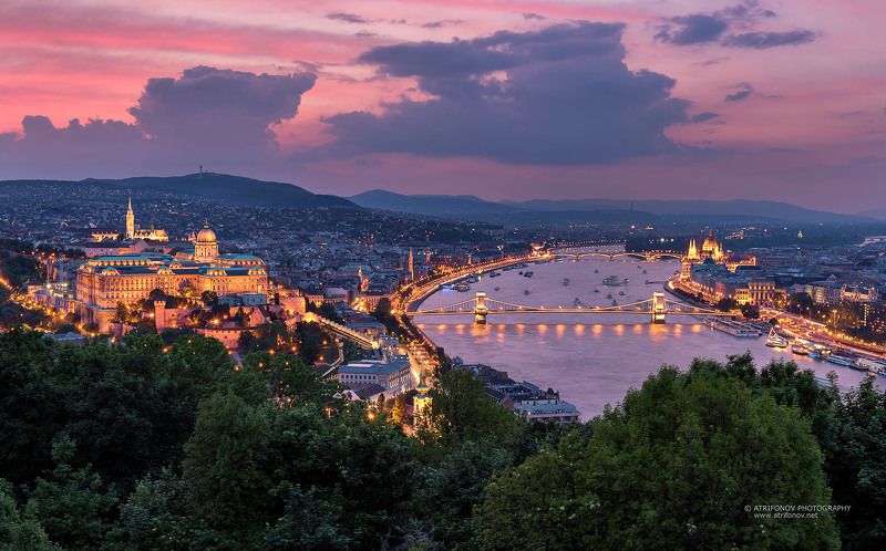 budapest, hungary, buda castle, szechenyi bridge, parliament, sunset, cityscape, city lights Budapestphoto preview