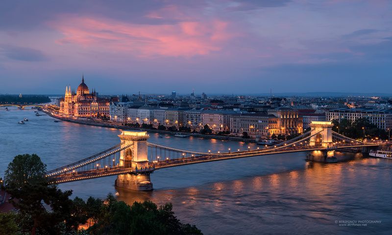 Budapest, Szechenyi, chain bridge, Parliament, Hungary, Danube, river, cityscape, sunset Budapest by nightphoto preview