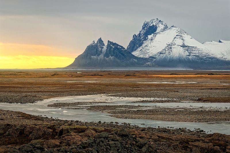 Исландия, горы, закат, река, Iceland, mountains, sunset, river, stones,  Место где солнце поджигает вулканыphoto preview