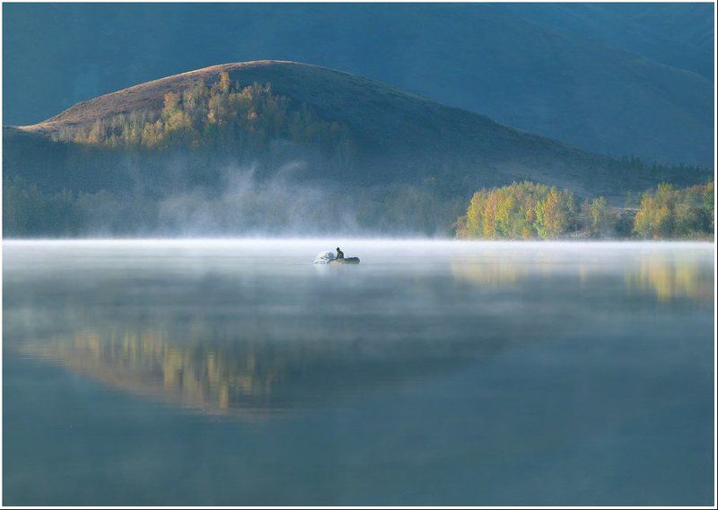 утро, озеро, туман, горы, рыбак Утро на Шыбындыколеphoto preview