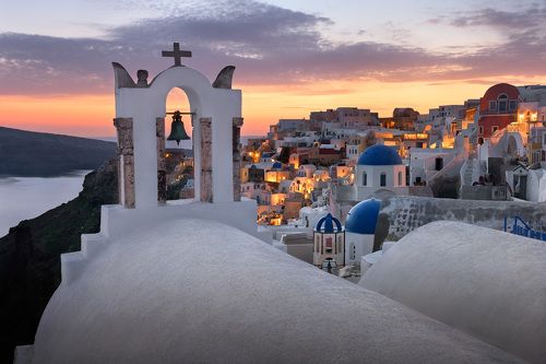 White Churches of Oia Village at Sunset, Santorini, Greece