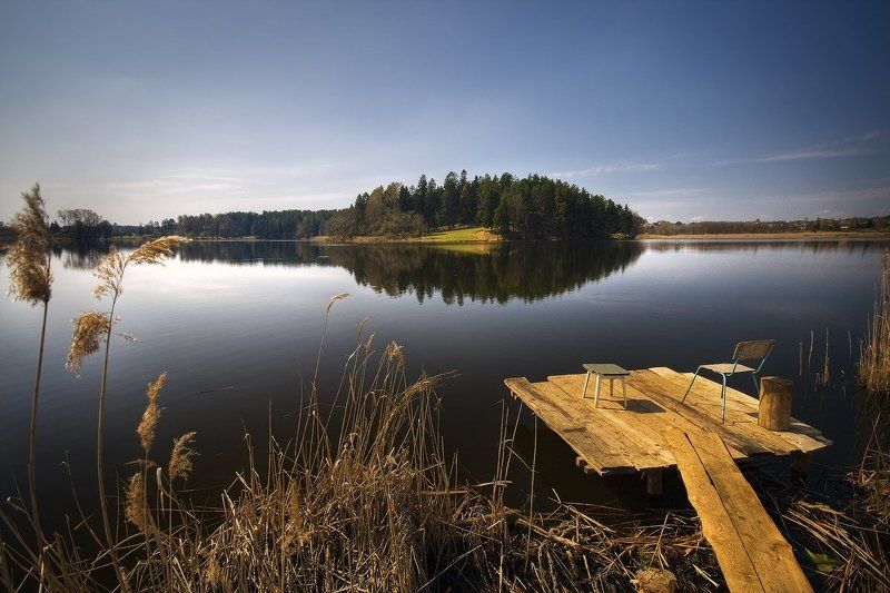 озеро, созерцание, рыбалка, стулья, мостик | Места в первом ряду |photo preview