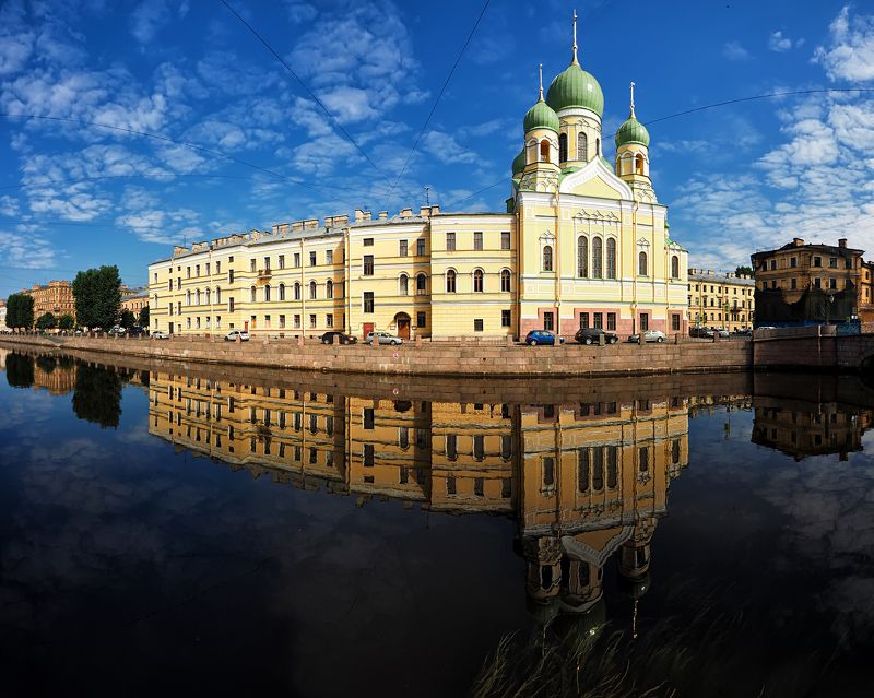 город, панорама, Санкт-Петербург, Питер, отражение, лето, утро, рассвет  Свято-Исидоровская церковьphoto preview