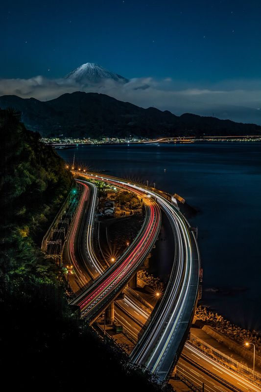 mount fuji nightscape long exposure sea road dawn japan nature lights  The majestic Mt. Fujiphoto preview