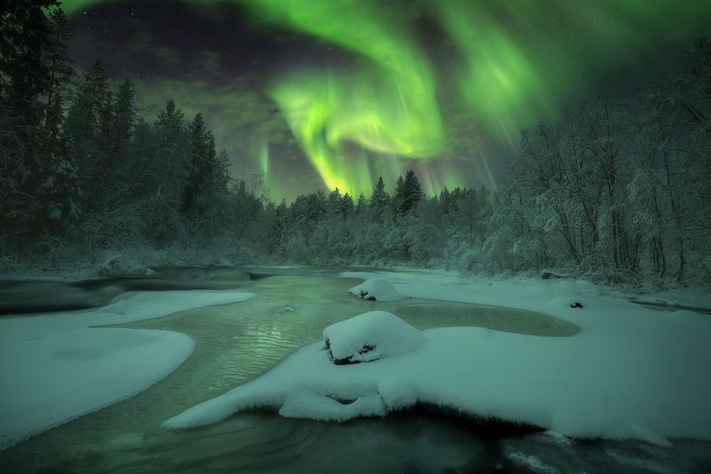 сверное сияние, кольский  полуостров, aurora borealis Зимняя сказкаphoto preview