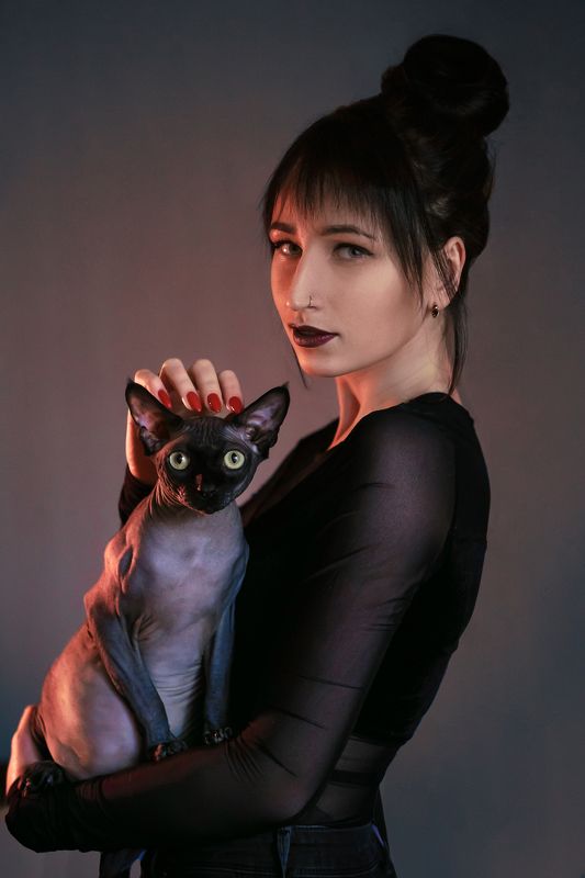 Девушка феликса. Портрет девушки с котом сфинкс. Девушка с котом на руках сфинкс портрет темный. Т/И девушка Феликса.