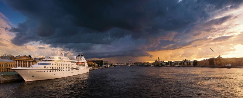 санкт-петербург, панорама, нева, река, закат, корабль, тучи, небо, вечер, россия photo preview