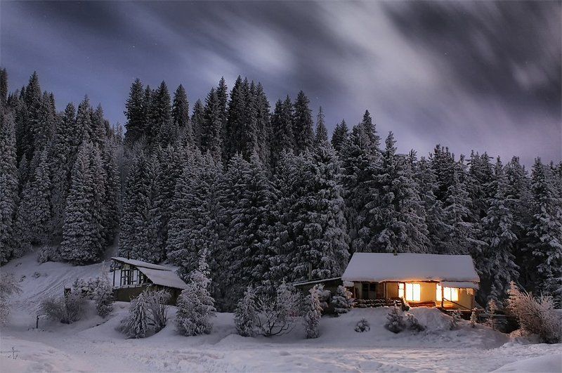 ночь,зима,домик,горы ***photo preview