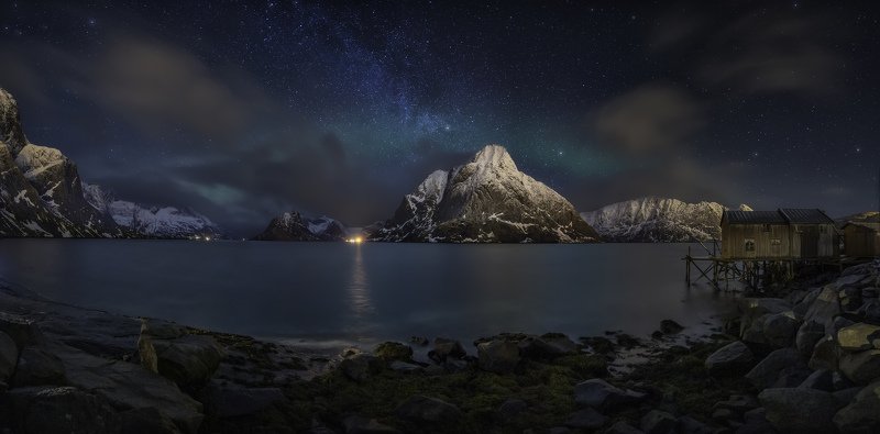 Landscape, Nature, Night, Stars, Sky, Blue, Panoramic, Mountains, Norway  Under the Starsphoto preview