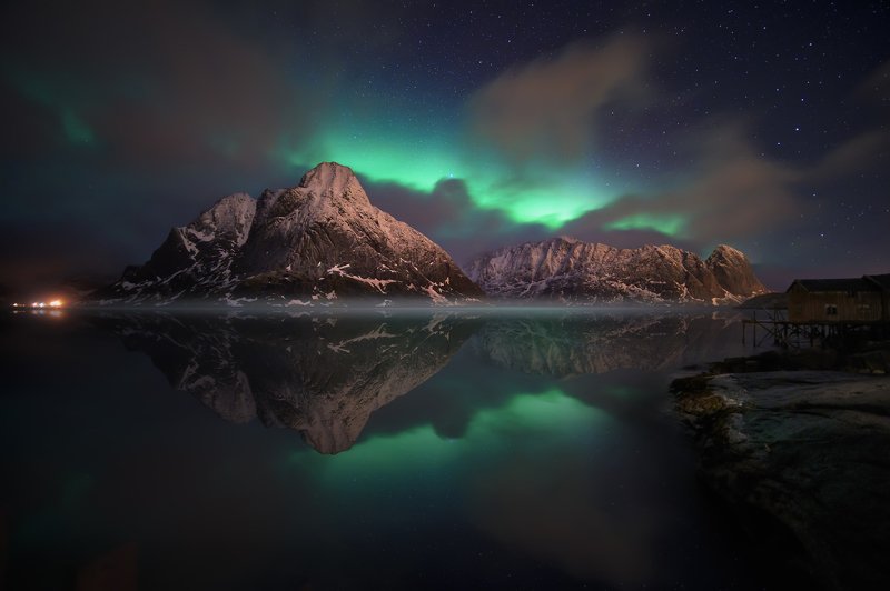 Night, Northen Light, Beautiful, travel, Mountains, Water, reflection, norway Mirror at nightphoto preview
