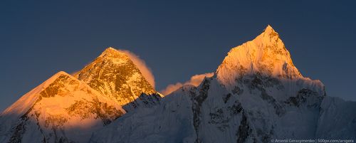 Everest and Nuptse peaks at sunset