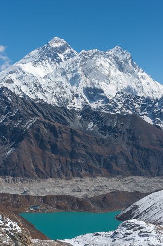 Everest summit, Lhotse and Gokyo from Renjo pass. Trekking in Himalayas and Nepal