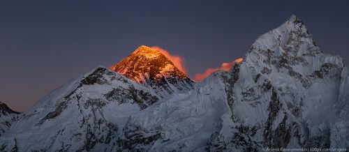 Everest summit or peak at sunset or sunrise. Everest base camp trek, tourism in Nepal, View from Kala Pathar
