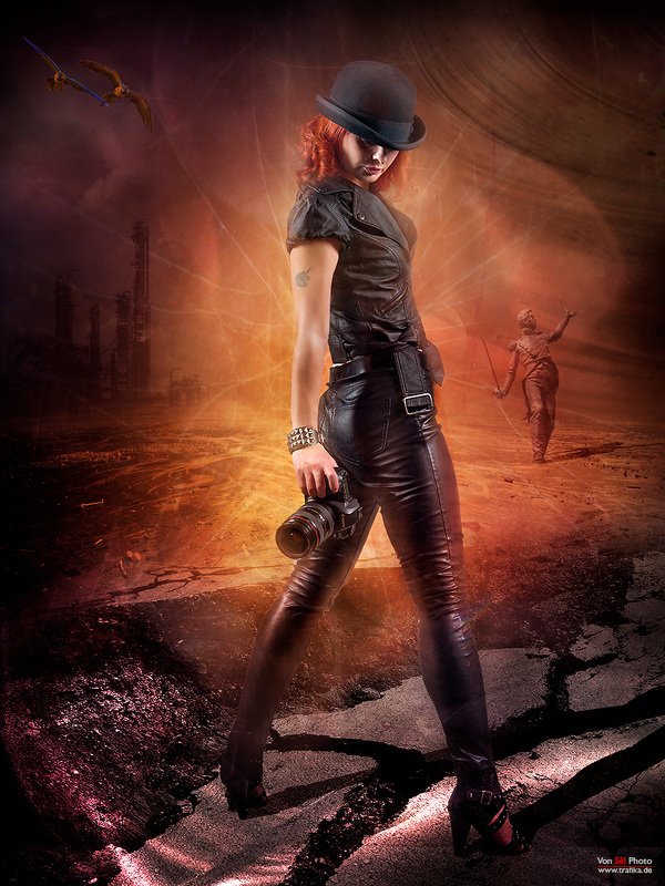 girl, camera, hat, leather clothing, desert, soldier, ruins, red hair Duelphoto preview