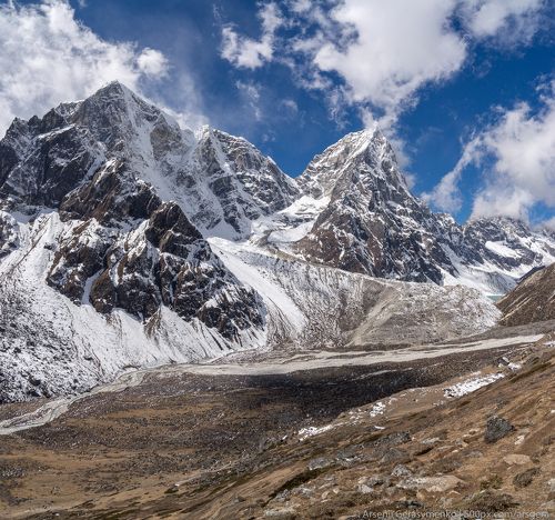 Pheriche Valley in Himalayas. Cholatse summit in khumbu region Nepal, everest base camp trek