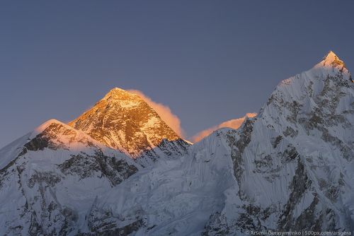 Everest summit or peak at sunset or sunrise. Everest base camp trek, tourism in Nepal, View from Kala Pathar