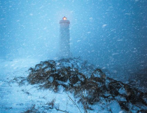 Akranes lighthouse in snowstorm