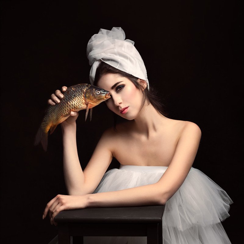 девушка, рыба, арт, белый, макияж, концепт ***photo preview