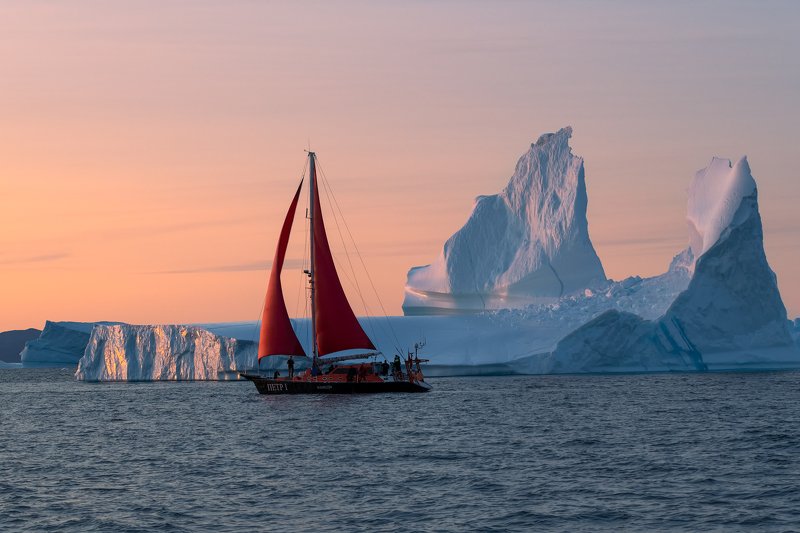 greenland, iceberg, sailing , sailboat, sunset, ilulissat, disko bay Disko Bay Sunset Sailingphoto preview