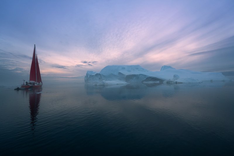 greenland, iceberg, sailing , sailboat, sunset, ilulissat, disko bay Sailing in the mistphoto preview