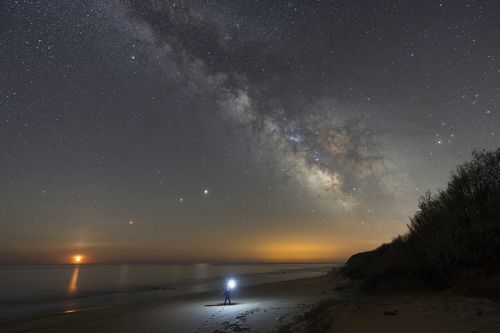 Moon, Mars, Saturn and Jupiter creating a line bellow the Milky Way core.
