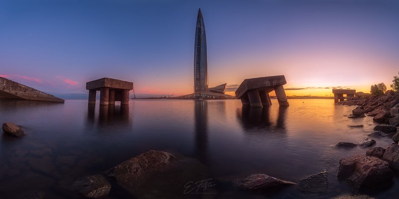 tower, water, reflection, rocks, sea, long exposure, sunset Gazprom towerphoto preview