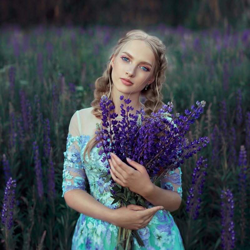 lilac, blossom, flower, dress, blue, purple, blond photo preview